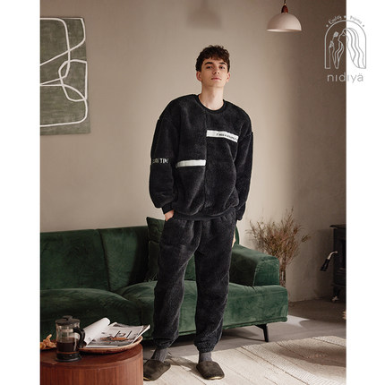 妮狄娅睡衣男冬季保暖珊瑚绒圆领套头休闲运动外穿家居服套装