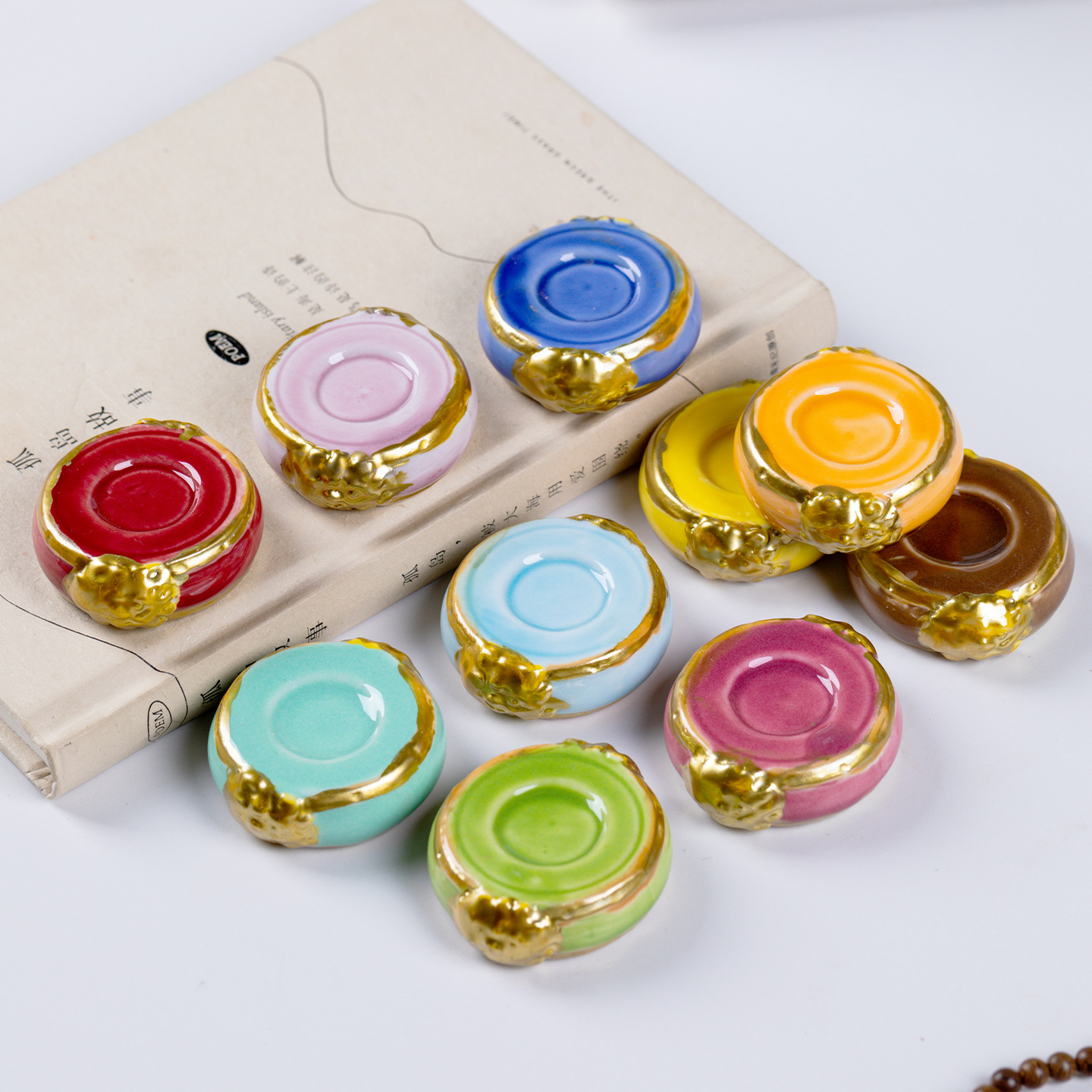 创意鼓形描金工艺品小配件茶杯托盘景德镇陶瓷转转乐塔香底座摆件