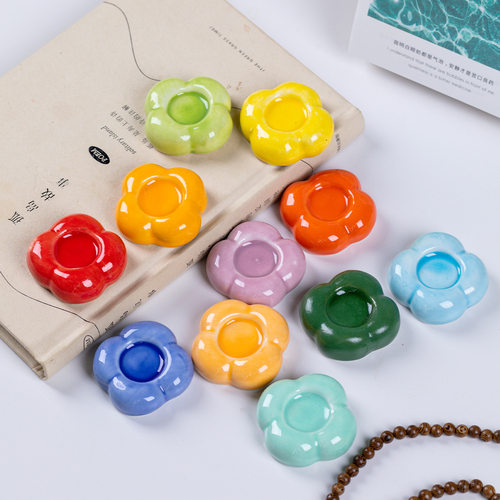 创意小花可爱工艺品小配件实心托盘陶瓷转转乐底座茶杯垫香座摆件