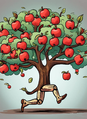 Python编程画的简单儿童矢量风格奔跑的绿色结苹果的大树源代码
