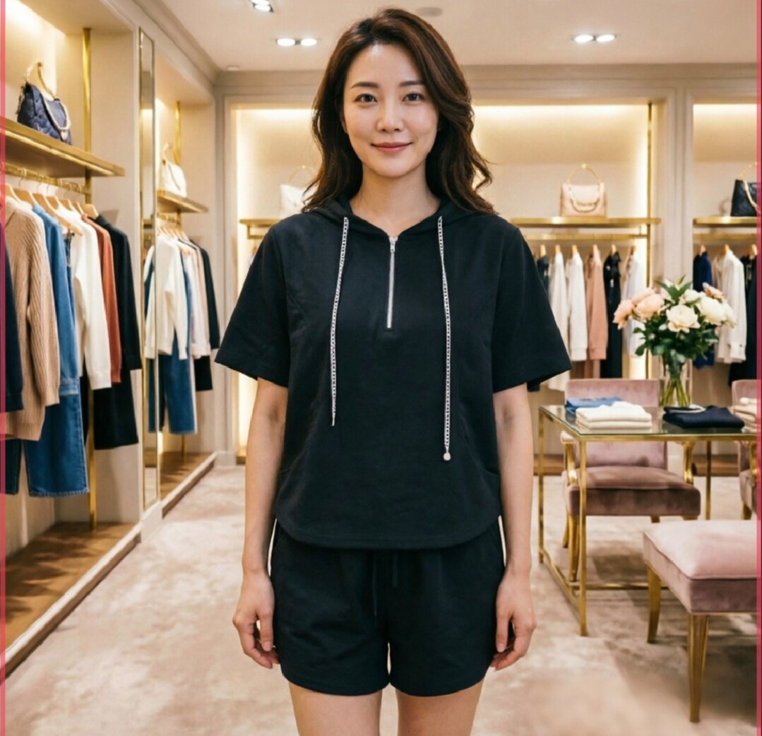 秋季加厚面料时尚简约女士连帽短袖休闲  套装短袖短裤两件套
