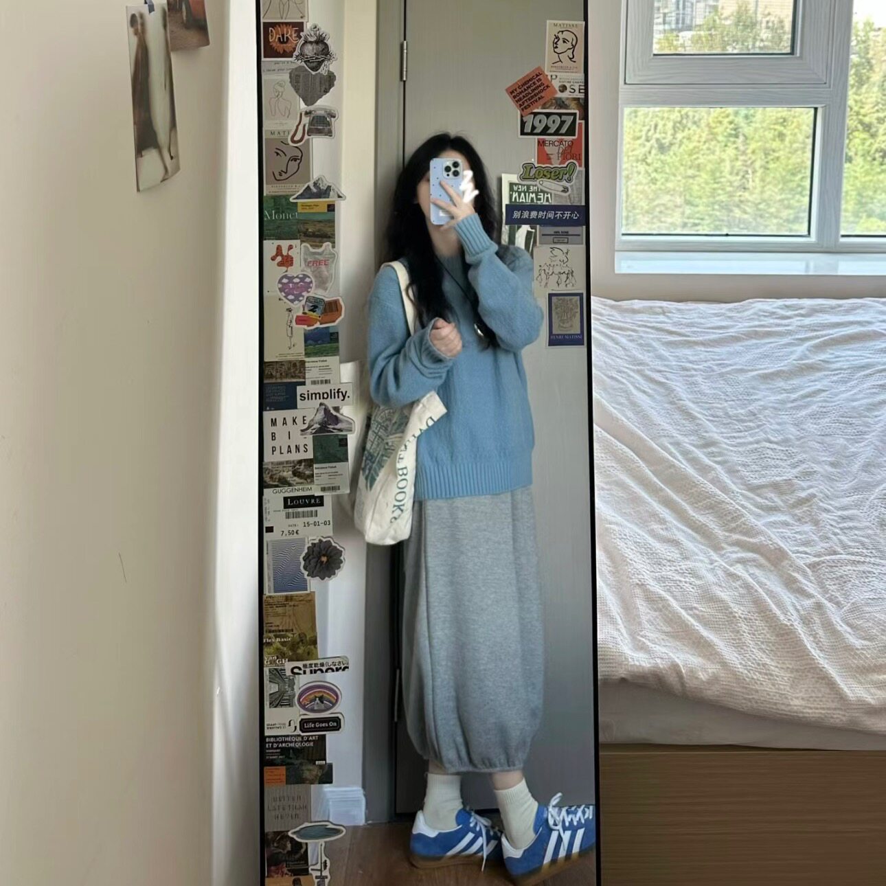 秋冬季蓝色长袖毛衣半身裙两件套装女宽松显瘦针织衫上衣花苞裙子