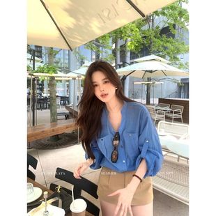 法式漂亮蓝色长袖衬衫女士气质上衣夏装一整套防晒衬衣短裙两件套