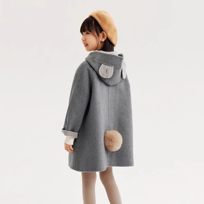 女童双面羊绒大衣2025秋冬新款儿童可爱熊全羊毛加厚男童毛呢外套