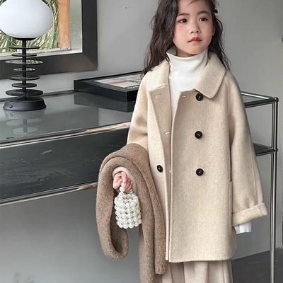 OPCP儿童毛呢外套2024秋冬新款女童双面羊绒大衣中大童加厚中长款