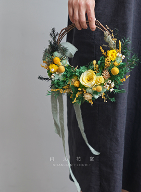 森系永生花花环真花门挂装饰黄绿色系田园风壁挂婚礼手捧花生日礼