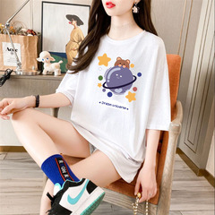 Real photo of pregnant women's pure large women's summer Korean loose fat sister medium long short sleeve T-shirt