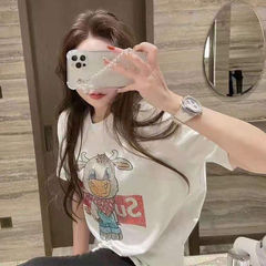 官圖純棉重工燙鑽小牛鑲鑽短袖恤女寬鬆情侶新款百搭潮