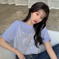 實拍短袖恤女亮片半袖假兩件上衣服潮網紅