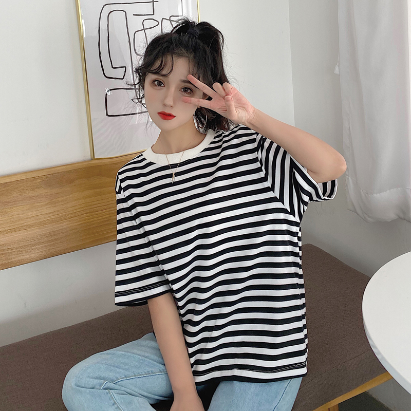 Real shot cotton net red live short sleeve t-shirt female stripe