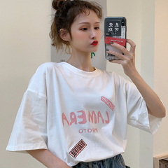 實拍棉寬鬆短袖恤上衣夏季白色女裝韓版夏裝學院風