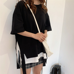 實拍棉夏裝暗黑風開叉假兩件短袖恤男女原宿街頭