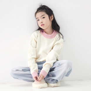 女童针织衫圆领套头撞色全羊毛大童打底保暖宽松百搭卡通图案毛衣