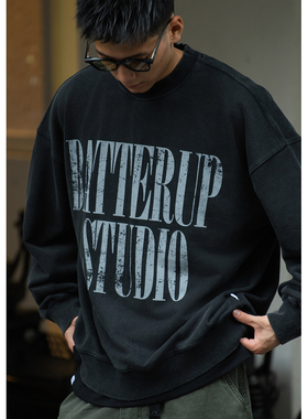 Batterup秋季新款上衣字母印花水洗复古宽松无帽圆领卫衣男外套