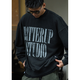 Batterup秋季新款上衣字母印花水洗复古宽松无帽圆领卫衣男外套