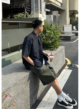 Batterup原创日系潮牌复古格子纯棉廓形宽松休闲短袖衬衫男夏季潮