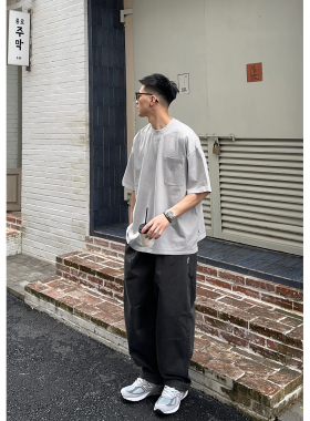 Batterup夏季新款日系潮牌水洗做旧刺绣宽松口袋短袖T恤男青少年