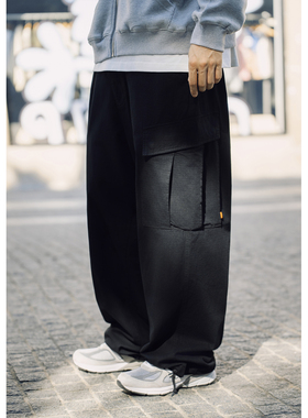 Batterup潮牌日系工装裤黑色阔腿直筒裤男宽松大口袋休闲长裤春秋