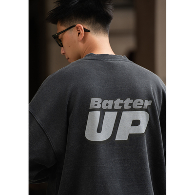 Batterup25新款日系潮牌无帽上衣宽松水洗毛圈圆领卫衣男外套秋冬