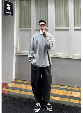 Batterup2025春夏新款上衣圆领日系华夫格休闲宽松长袖T恤男潮牌