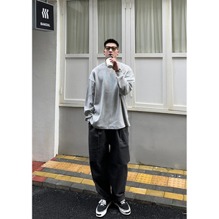 Batterup2025春夏新款上衣圆领日系华夫格休闲宽松长袖T恤男潮牌