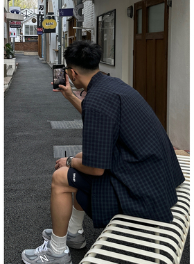 Batterup夏季新品日系复古cityboy藏青格子宽松休闲短袖衬衫男潮