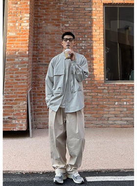 Batterup2024新款日系cityboy春秋外套口袋纯色宽松长袖衬衫男潮