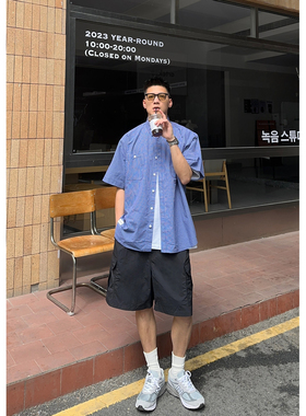 Batterup新品日系cityboy宽松纯棉彩蓝休闲薄款格子短袖衬衫男潮