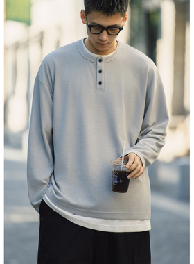 Batterup春秋新款美式亨利打底衫宽松华夫格休闲内搭长袖T恤男潮