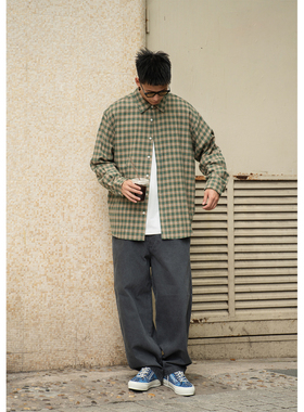 Batterup2025秋冬新款外套日系复古宽松格子纯棉微磨毛长袖衬衫男