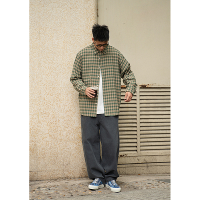 宽松春秋日系格纹长袖衬衫