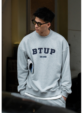 Batterup春秋新款无帽上衣日系宽松加绒圆领贴布绣圆领卫衣男潮牌