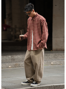 Batterup2025秋冬新款外套日系复古宽松格子纯棉微磨毛长袖衬衫男