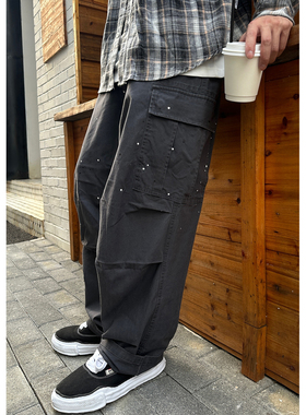 Batterup24秋冬新款休闲裤长裤日系泼墨水洗宽松口袋工装裤男潮牌