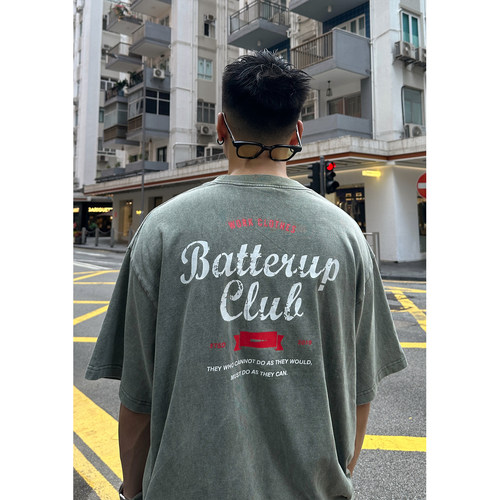 Batterup2026夏季新款日系宽松水洗做旧破坏印花纯棉短袖T恤男潮