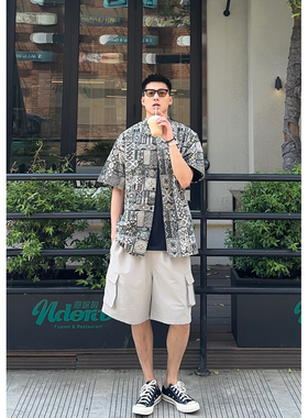 Batterup2024新款原创日系宽松夏威夷纯棉休闲花衬衫短袖男夏季潮