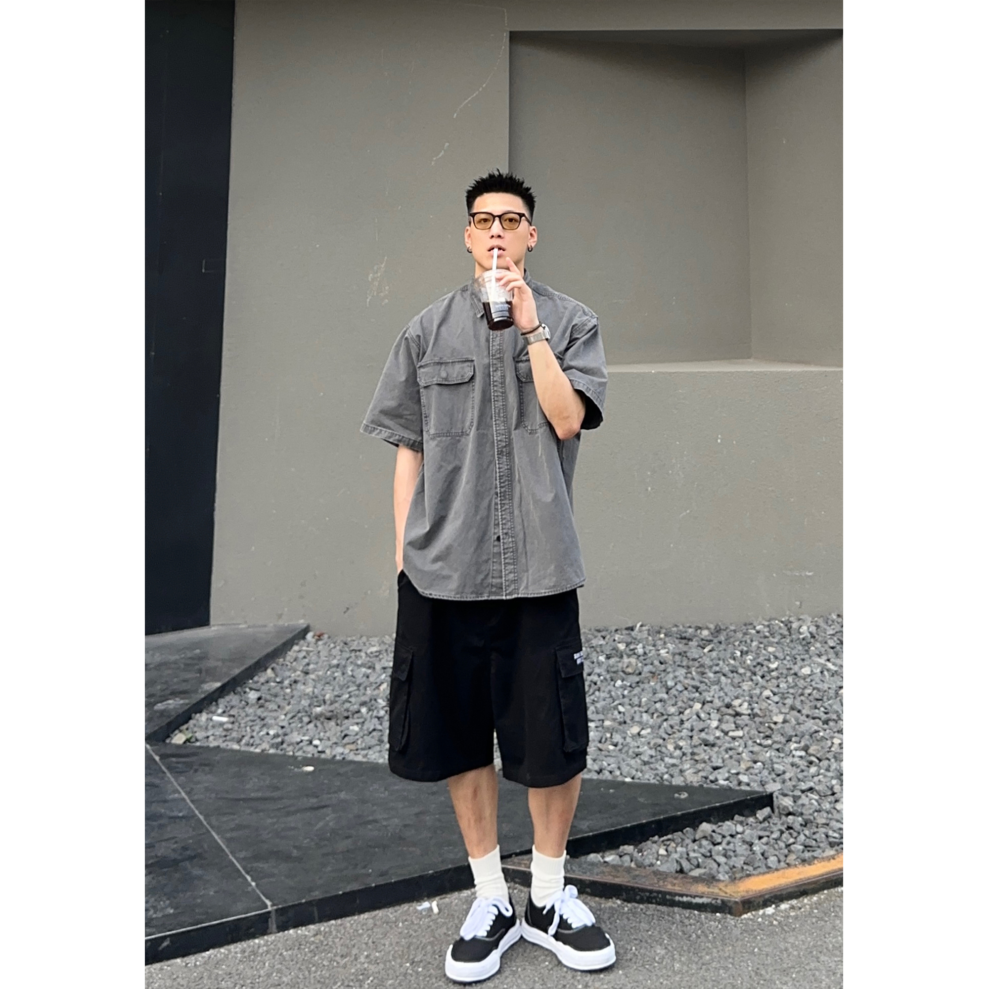 原创尖领短袖日系水洗做旧