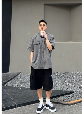 Batterup2024夏季日系cityboy宽松水洗做旧工装廓形短袖衬衫男潮