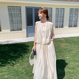 休闲气质白色无袖衬衫半身裙套装女夏韩系绝美两件套大方得体穿搭，女装套装/套裙，浙宝239