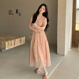 法式设计感粉色碎花连衣裙女春季海边度假防晒超仙过膝掐腰长裙，女装连衣裙，浙宝239
