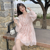 法式雪纺印花连衣裙女2025春秋季新款韩系显瘦甜美度假风吊带裙子，女装连衣裙，浙宝239