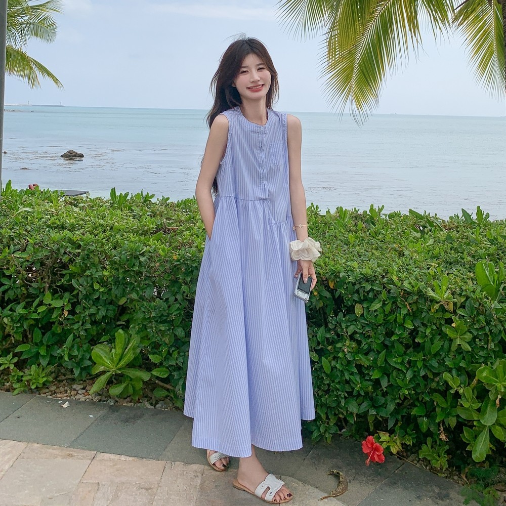 蓝色无袖背心连衣裙女2025夏季新款法式小清新甜美减龄度假风长裙图片