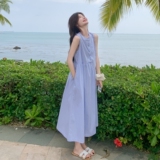 蓝色无袖背心连衣裙女2025夏季新款法式小清新甜美减龄度假风长裙，女装连衣裙，浙宝239