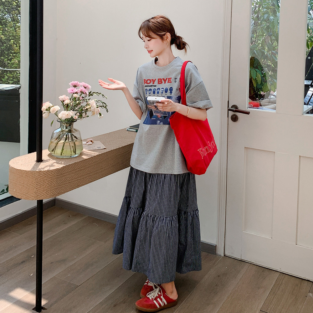韩系慵懒风字母印花T恤女套装2025夏季新款高腰格子半身裙两件套,女装套装/套裙,浙宝239