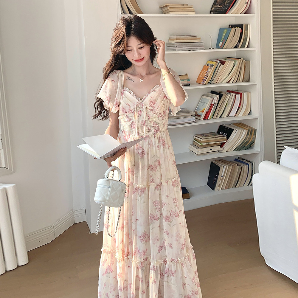 法式粉色碎花连衣裙女2025年夏季新款氛围感浪漫度假风显瘦长裙潮,女装连衣裙,浙宝239
