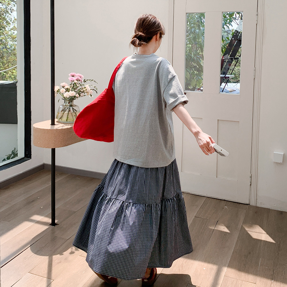 时尚短袖t恤套装裙女2025夏新款韩版小个子减龄格纹半身裙两件套,女装套装/套裙,浙宝239