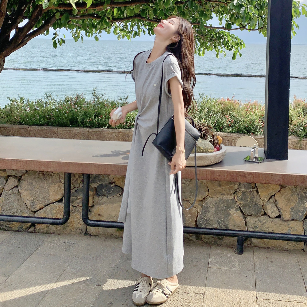 休闲运动浅灰色连衣裙女夏2025新款长裙减龄超火大方得体独特别致,女装连衣裙,浙宝239