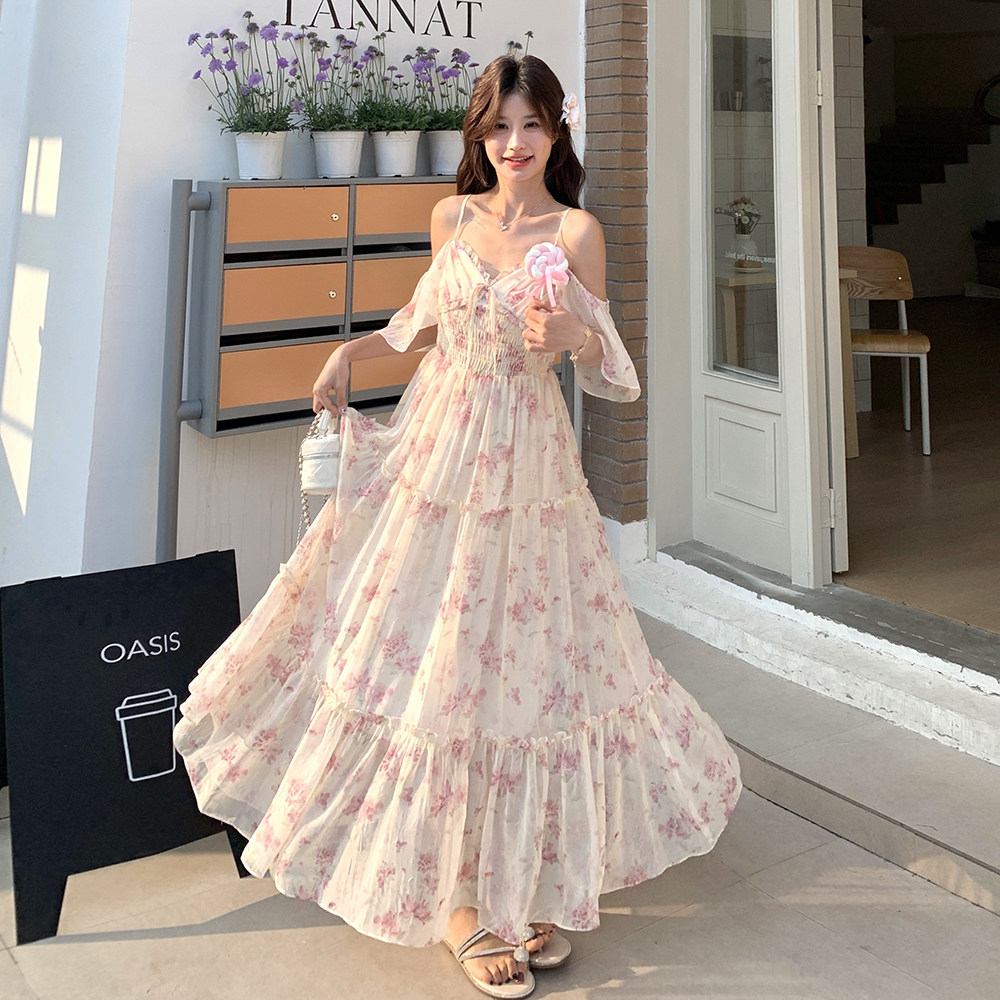 夏日绝美度假风露肩连衣裙女2025新款优雅富家千金感吊带碎花长裙,女装连衣裙,浙宝239