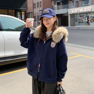 珍妮宇航局 复古毛领连帽开衫卫衣外套女小众宽松小个子拉链上衣