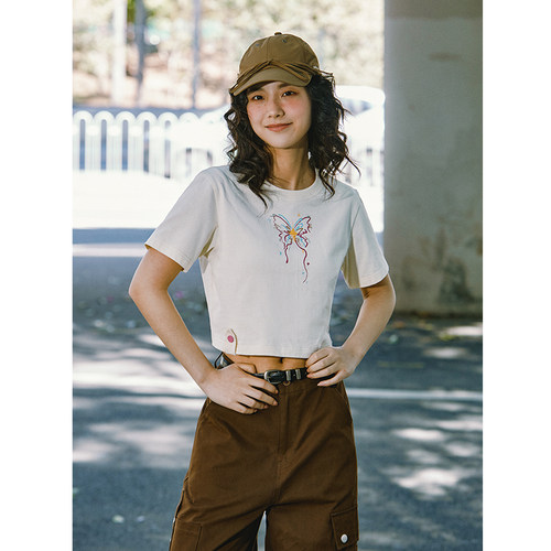 复古正肩t恤女宽松短袖甜酷打底